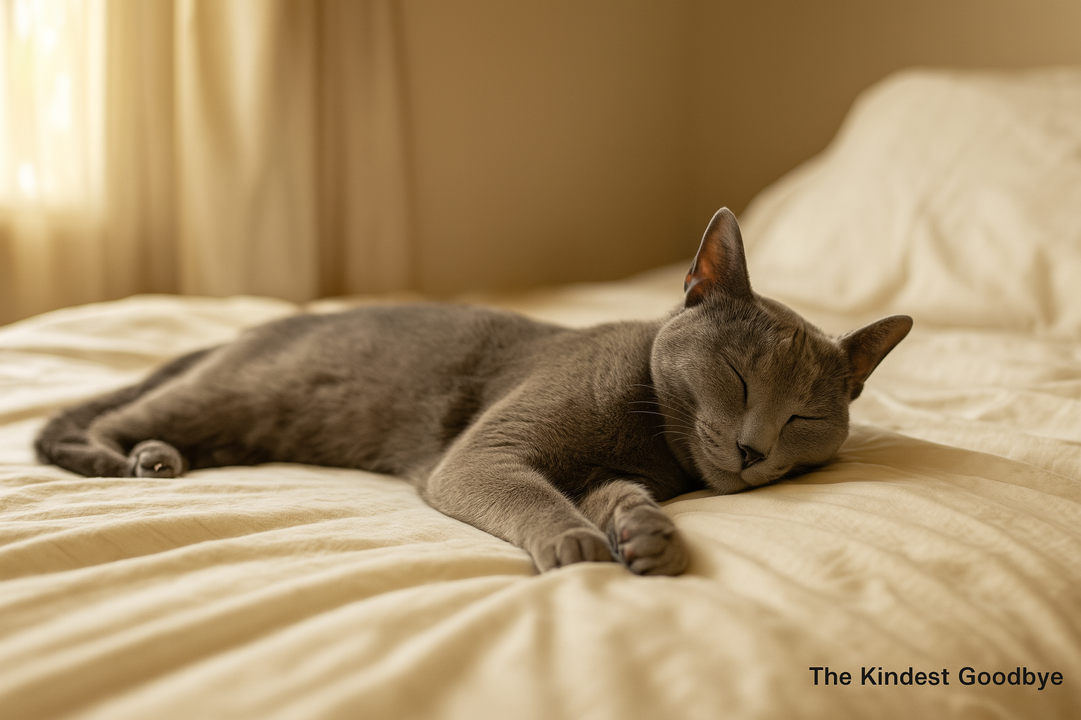 A peaceful grey shorthair cat is seen sleeping on white luxurious bed sheets. The room is softly lit by warm morning sunlight coming from a nearby window. The words "The Kindest Goodbye" appear in small Arial font in the bottom right corner.