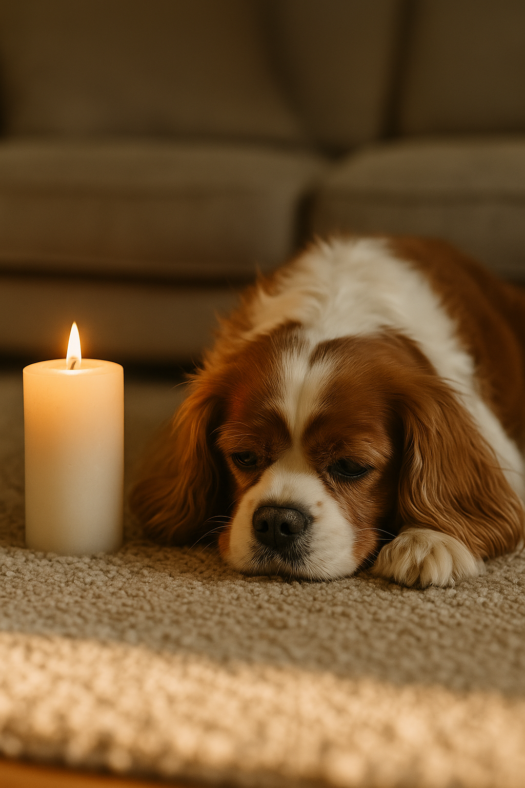 Cavalier King Charles Spaniel lying on a soft carpet with candlelight during peaceful in-home euthanasia How Do You Know When It's Time to Say Goodbye to Your Dog?