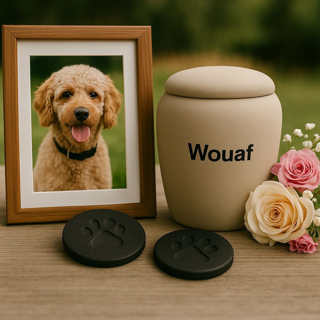 A realistic photograph of a dog memorial setup featuring a smiling Poodle in a wooden frame, a beige urn labeled "Wouaf" in Arial font, two round black paw print stones, and a floral arrangement with pink and white flowers on a wooden table.