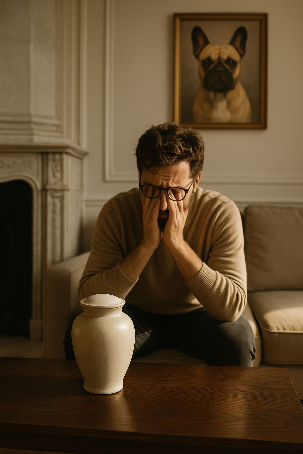 A grieving man with glasses and a beard sits on a couch in a Parisian-style living room. A vase containing pet ashes rests on a table in front of him. Behind him, a Prussian fireplace adds character to the space, while a realistic portrait of a French Bulldog hangs on the wall.