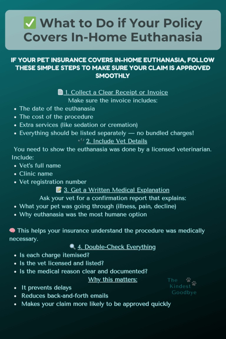Infographic titled "What to Do if Your Policy Covers In-Home Euthanasia" with step-by-step instructions on claiming pet insurance for in-home euthanasia, including required documents, vet details, and a written medical explanation.