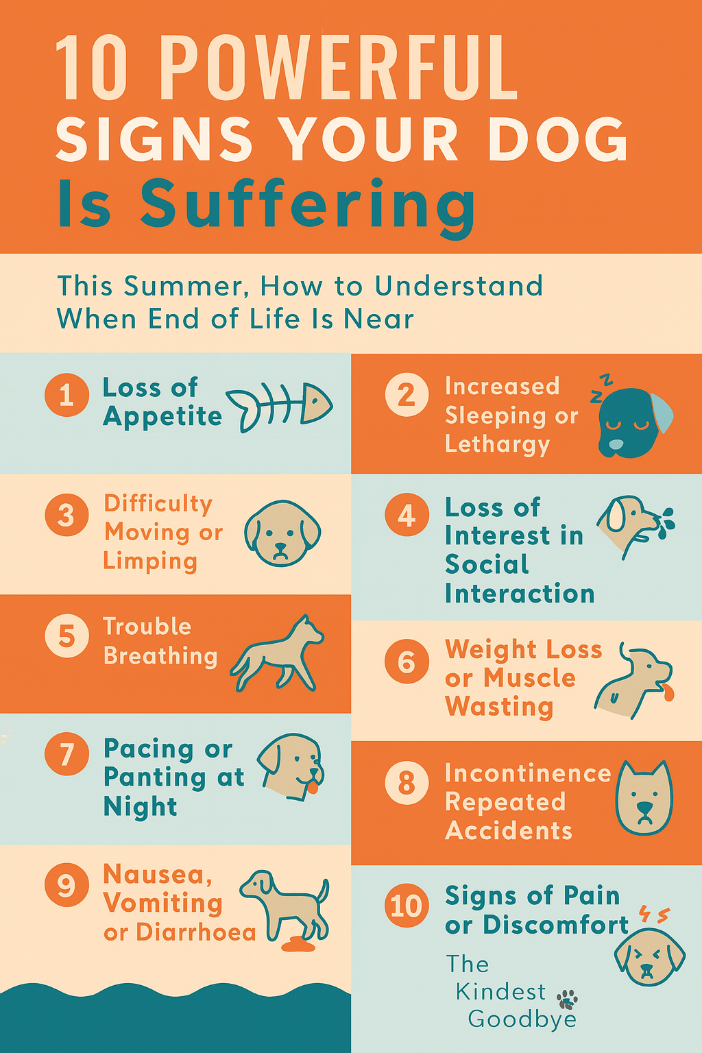Infographic titled "10 Powerful Signs Your Dog Is Suffering: This Summer, How to Understand When End of Life Is Near," showing 10 signs including loss of appetite, lethargy, difficulty moving, and more, with The Kindest Goodbye logo.